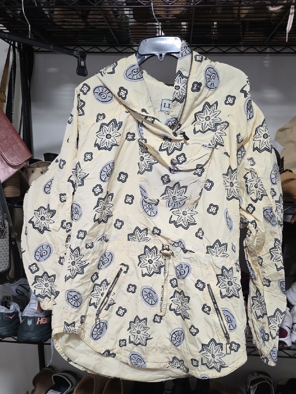 L.L. Bean Cream Hooded Anorak with Blue & Gray, Yellow Floral Print